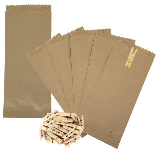 Imagem de Kit Embalagem Saco Kraft + Mini Pregador 3,5cm 100 Unidades