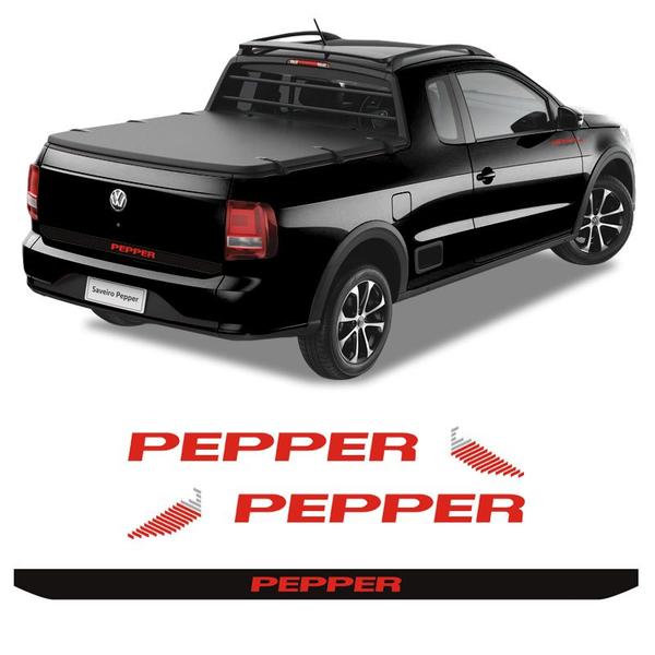 Imagem de Kit Emblemas Pepper Saveiro Preta 2018/2019 e Faixa Traseira