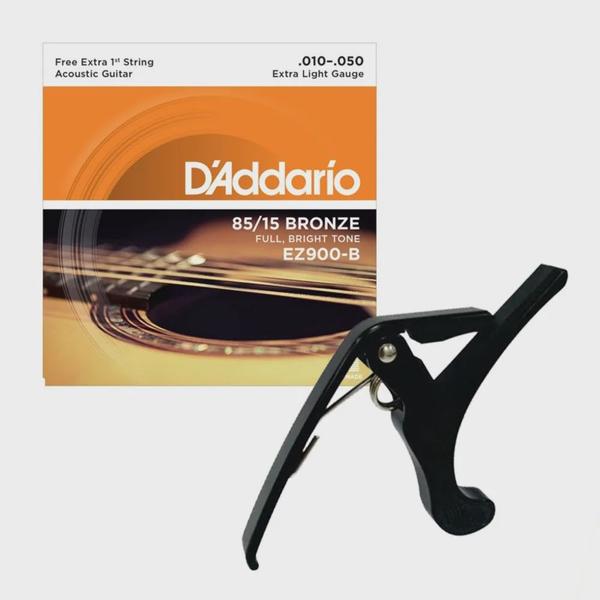 Imagem de Kit Encordoamento D'addario EZ900-B + Capotraste Dolphin haste longa preta