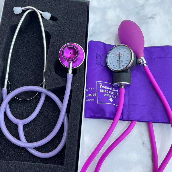 Imagem de Kit Enfermagem Acadêmico Roxo Lilás Esteto Esfigmo Com Bolsa Premium Bioland