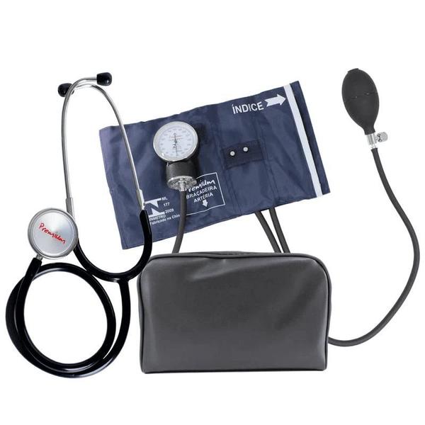 Imagem de Kit Enfermagem Esfigmo + Estetoscópio Manual Premium Pressão Cor Azul