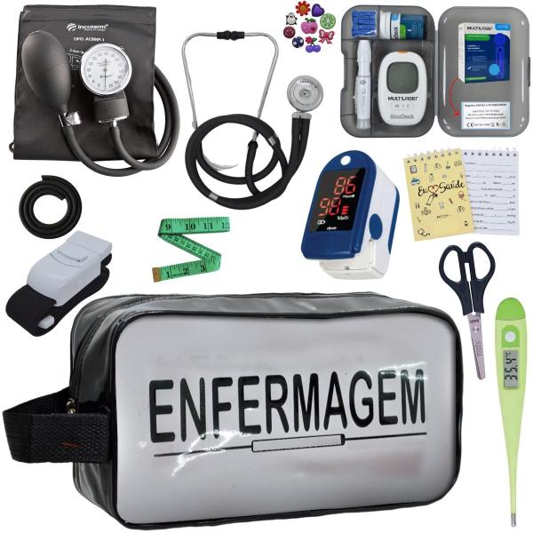 Imagem de Kit Enfermagem Estetoscopio Multi Aparelho de Pressao Manual Completo Necessaire Transparente Estagio Incoterm