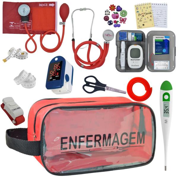 Imagem de Kit Enfermagem Estetoscopio Multi Aparelho de Pressao Manual Completo Necessaire Transparente Estagio Premium