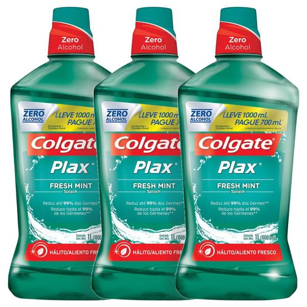 Imagem de Kit Enxaguante Bucal Colgate Plax Fresh Mint Leve 1L Pague 700ml com 3 unidades