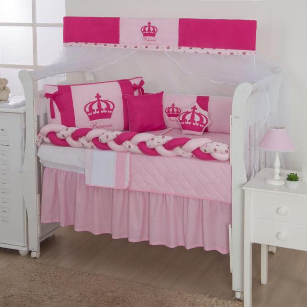 Imagem de Kit Enxoval de Berço Princesa Coroa Pink Bordado Lateral Trança 12 Pç