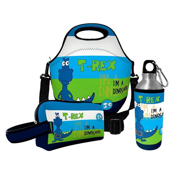 Imagem de Kit Escolar Infantil Lancheira Térmica + Necessaire Plus + Squeeze de Alumínio  ISOPRENE  T-Rex