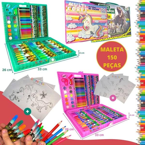 Imagem de Kit Escolar Infantil Maleta de Pintura 150 Peças Desenhar e Colorir Dino