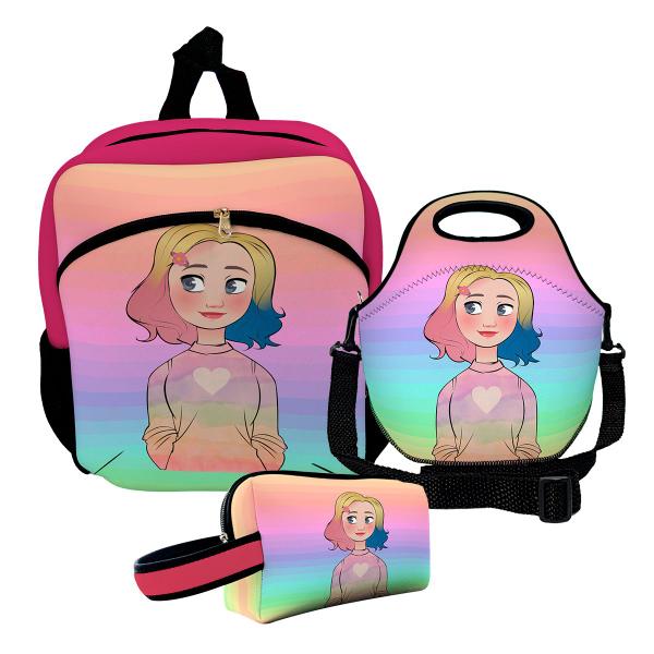 Imagem de Kit Escolar Infantil Mochila de Costas + Lancheira Térmica + Necessaire Plus  ISOPRENE  Menina Lobo