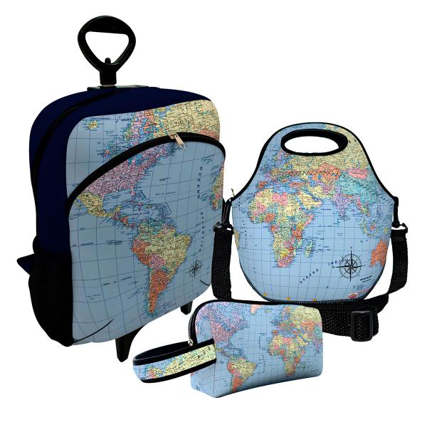 Imagem de Kit Escolar Infantil Mochila de Rodinha + Lancheira Térmica + Necessaire Plus  ISOPRENE  Mapa Mundi Azul