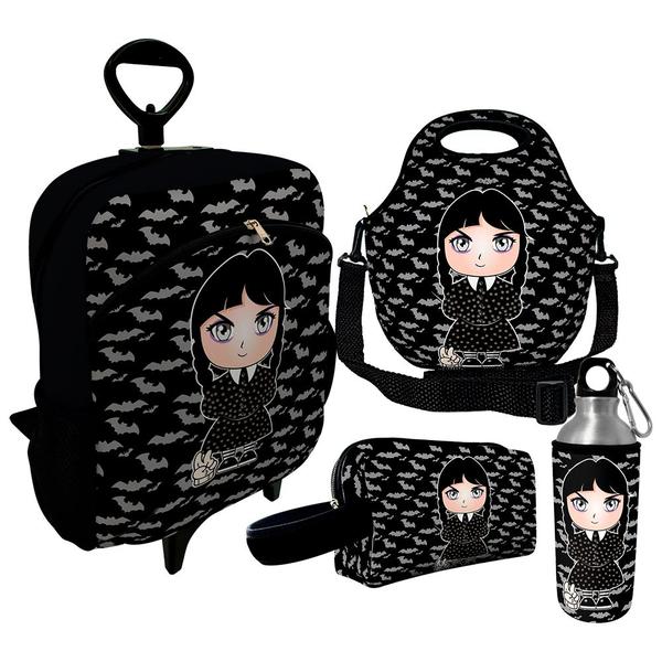 Imagem de Kit Escolar Infantil Mochila de Rodinha + Lancheira Térmica + Necessaire Plus + Squeeze de Alumínio  ISOPRENE  Menina Addams