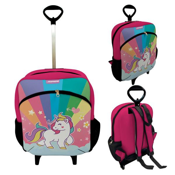 Imagem de Kit Escolar Infantil Mochila de Rodinha + Lancheira Térmica + Necessaire Plus + Squeeze de Alumínio  ISOPRENE  Unicórnio Encantado