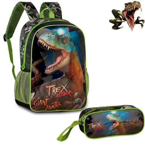 Imagem de Kit Escolar Infantil Mochila e Estojo T-Rex Attack Dinossauro Clio