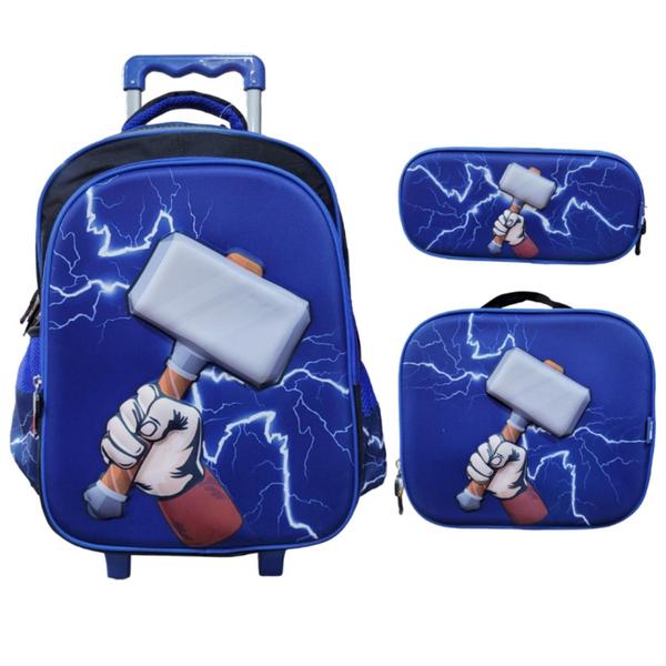 Imagem de Kit Escolar Infantil Mochila Rodinha Lancheira e Estojo 3d Super Hammer Yins 42166 Volta Aulas 