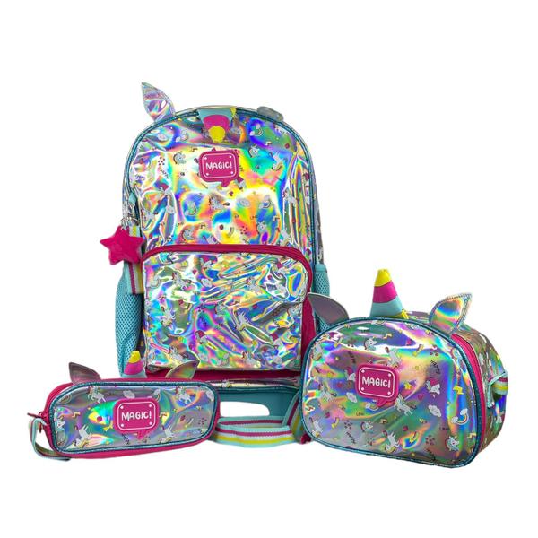 Imagem de Kit Escolar Mochila de Rodinha Com Estojo e Lancheira Holográfica Unicórnio Clio Original HL23117