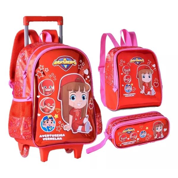 Imagem de Kit Escolar Mochila Rodinha Infantil Gi Aventureira Vermelha + Lancheira + Estojo - Os Aventureiros