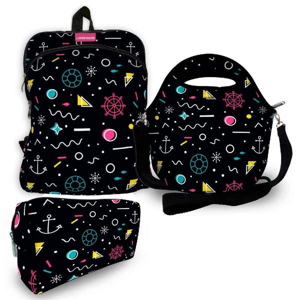 Imagem de Kit Escolar Plus Mochila + Lancheira + Necessaire Plus  ISOPRENE  Abstrato Black