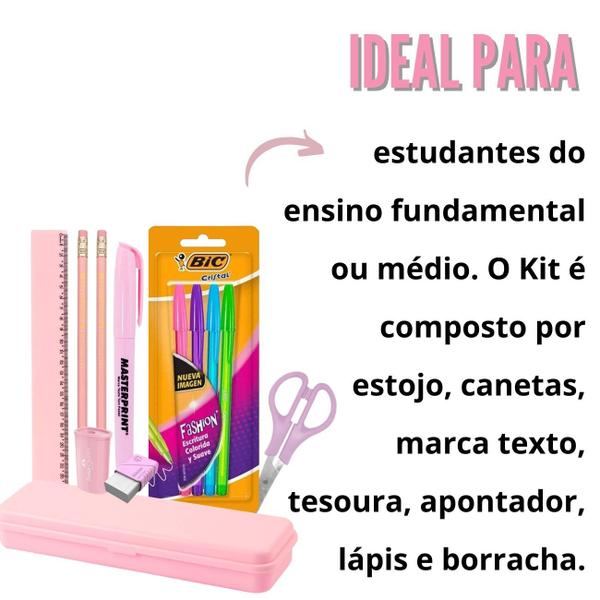 Imagem de Kit Escolar Voltas Aulas Escrita 12 itens Tons Pasteis Rosa Azul Verde ou Lilás uso Escolar Ensino Fundamental ou Médio