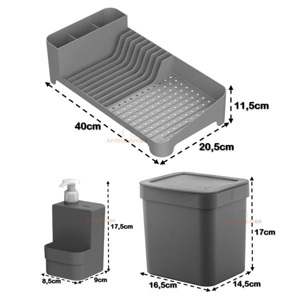 Imagem de Kit Escorredor De Louças Lixeira 2,5L Dispenser Porta Detergente Líquido Pia Cozinha Chumbo Trium - KTE 127 Ou