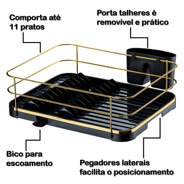 Imagem de Kit Escorredor De Louças Lixeira 2,5L Tampa Pia Cozinha Preto Dourado - Future