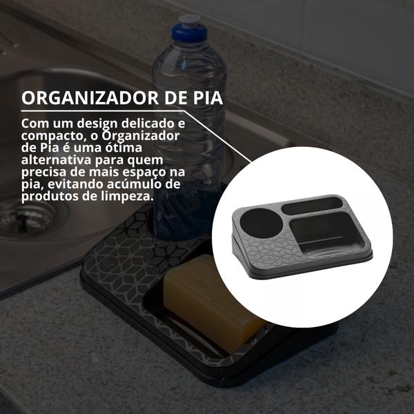 Imagem de Kit Escorredor De Pia Preto + Organizador Prático Detergente Sabão Esponja Cozinha Elegante