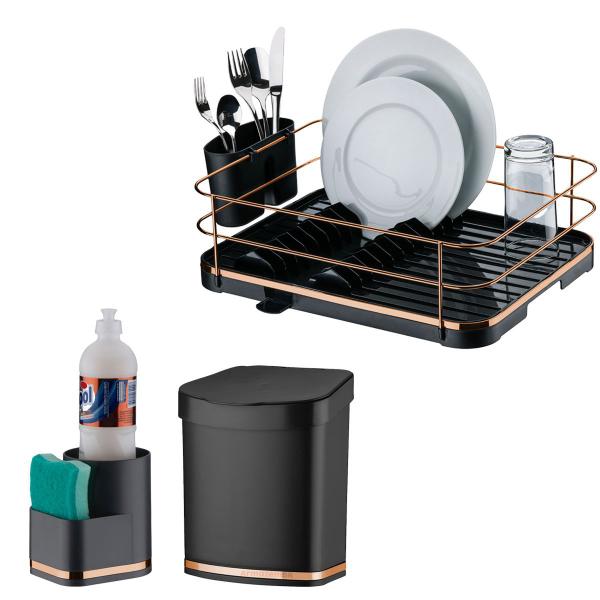 Imagem de Kit Escorredor Louça Lixeira 2,5L Porta Detergente Organizadores de Pia Cozinha Preto Cobre Rose Gold - Future