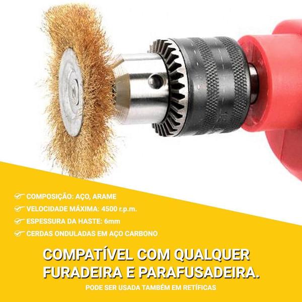 Imagem de Kit Escova de Aço Circular Para Furadeira Com Haste 3 Peças Copo e Pincel Rotativa Resistente