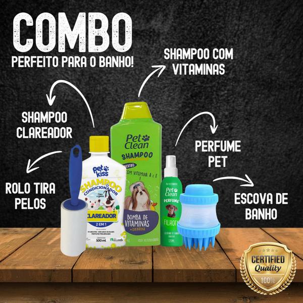 Imagem de Kit Escova de Banho Pet + Rolo Tira Pelos + Shampoo Vitaminas 700ml + Clareador 500ml + Perfume Pet