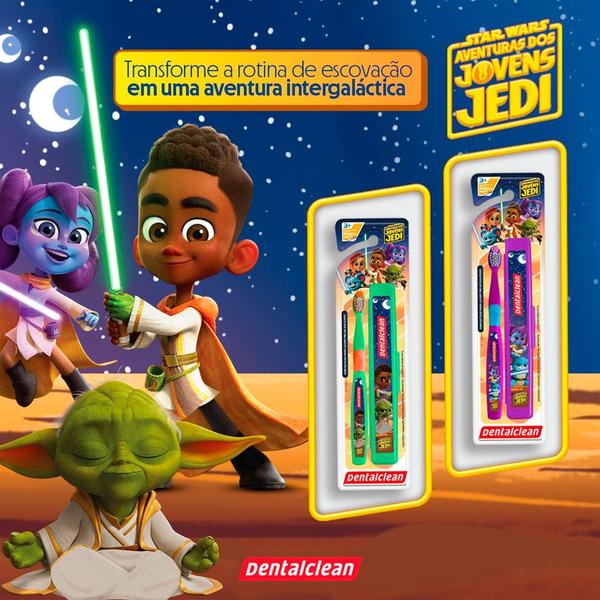 Imagem de Kit Escova de Dente Infantil com Porta Escovas Escolar Star Wars Jovens Jedi Dentalclean