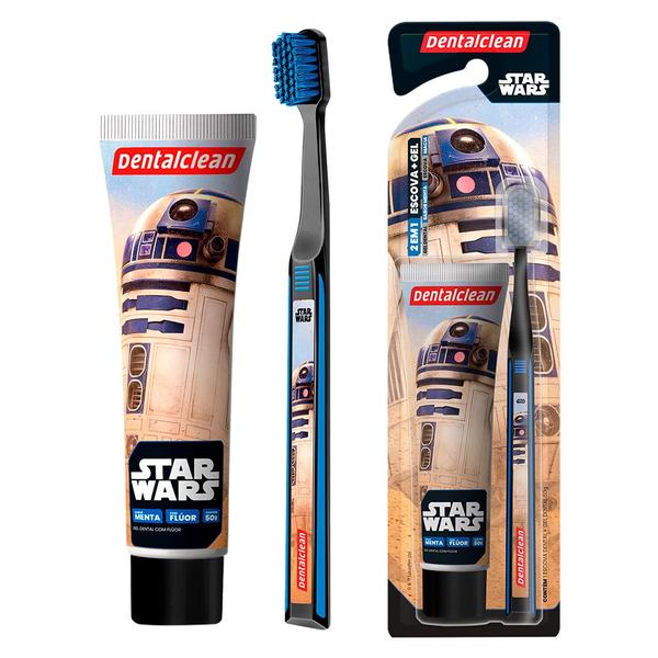 Imagem de Kit Escova de Dente Macia Star Wars Darth Vader Yoda R2D2 e Pasta de Dente Menta Dentalclean