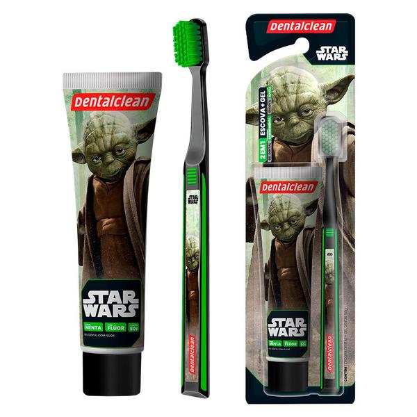 Imagem de Kit Escova de Dente Macia Star Wars Darth Vader Yoda R2D2 e Pasta de Dente Menta Dentalclean