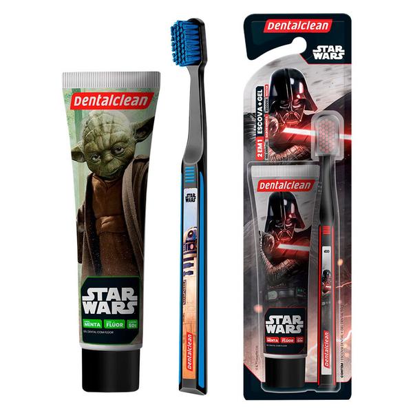 Imagem de Kit Escova de Dente Macia Star Wars Darth Vader Yoda R2D2 e Pasta de Dente Menta Dentalclean