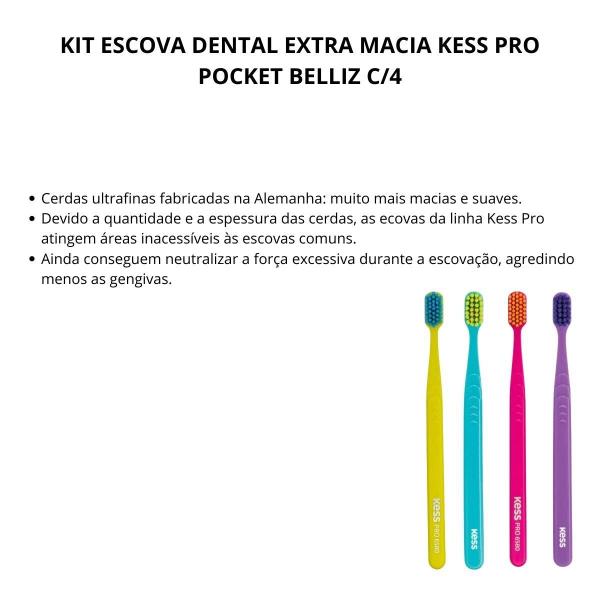 Kit Escova Dental Extra Macia Kess Pro Pocket Belliz C/4 - BELLIZ COMPANY Imagem de Kit Escova Dental Extra Macia Kess Pro Pocket Belliz C/4