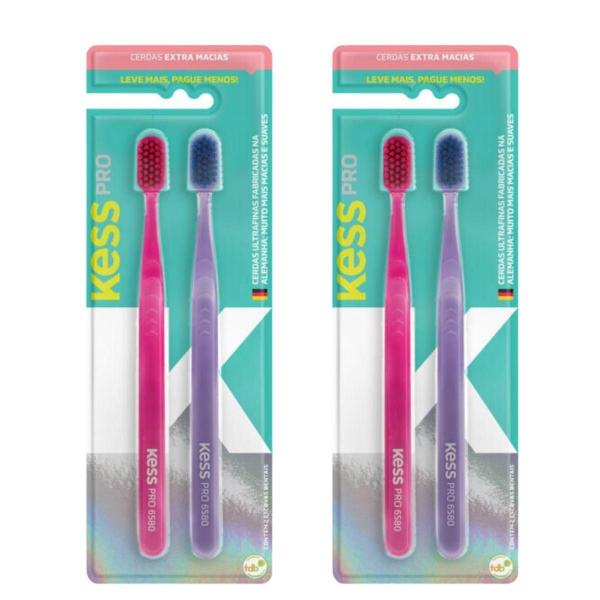 Imagem de Kit Escova Dental Extra Macias Kess Pro Belliz Rosa/Roxo C/4