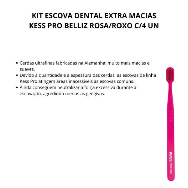 Imagem de Kit Escova Dental Extra Macias Kess Pro Belliz Rosa/Roxo C/4