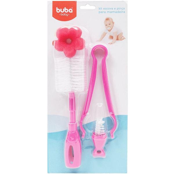 Imagem de Kit Escova Para Mamadeiras e Pinça Rosa Buba