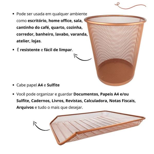 Imagem de Kit Escritório Lixeira Aramada Bandeja Organizadora de Papel Rose Gold