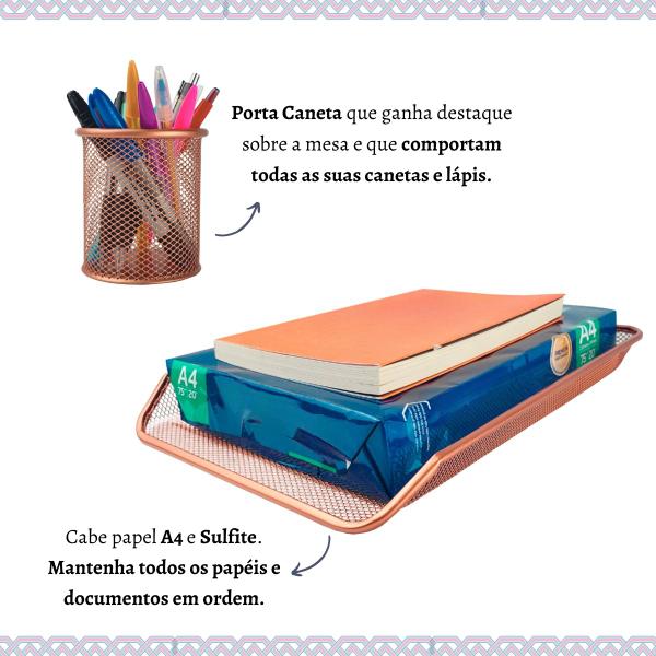 Imagem de Kit Escritório Lixeira, Organizador de Mesa, Bandeja Organizadora e Porta Caneta Rose Gold