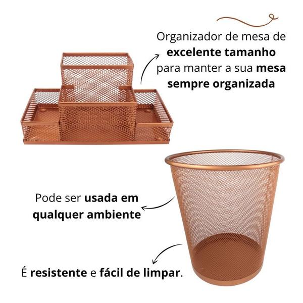 Imagem de Kit Escritório Lixeira Organizador de Mesa Bandeja Organizadora Porta Caneta Rose Gold