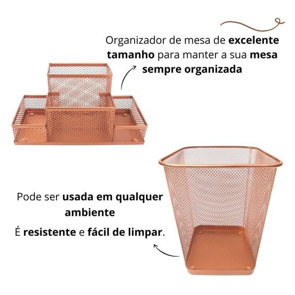 Imagem de Kit Escritório Lixeira Retangular Organizador de Mesa Bandeja Organizadora Porta Caneta Rose Gold