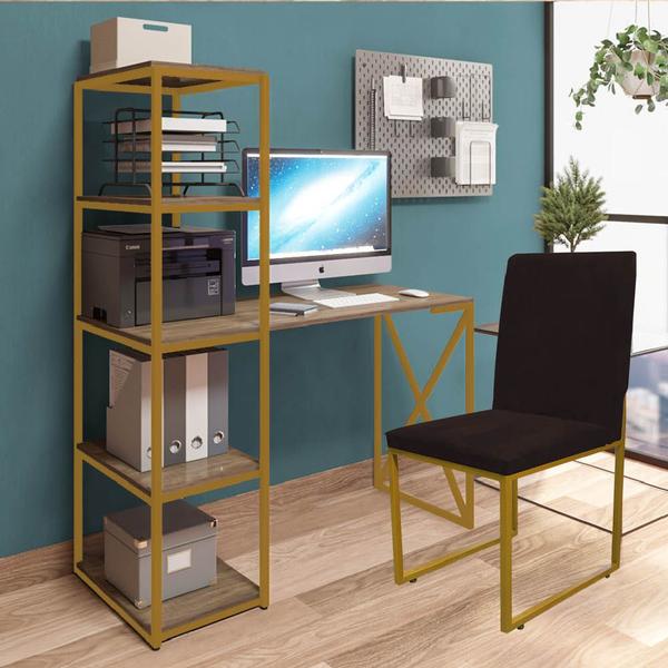 Imagem de Kit Escritório Mesa Max BeX 5 Prateleiras e Cadeira Stan Dourado Tampo Castanho Sintético Marrom - Ahz Móveis