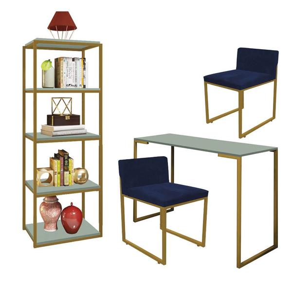 Imagem de Kit Escritório Ravi 2 Cadeiras Suede Azul Marinho com 1 Mesa e 1 Livreiro Ferro Dourado MDF Verde Oliva - Ahazzo Móveis