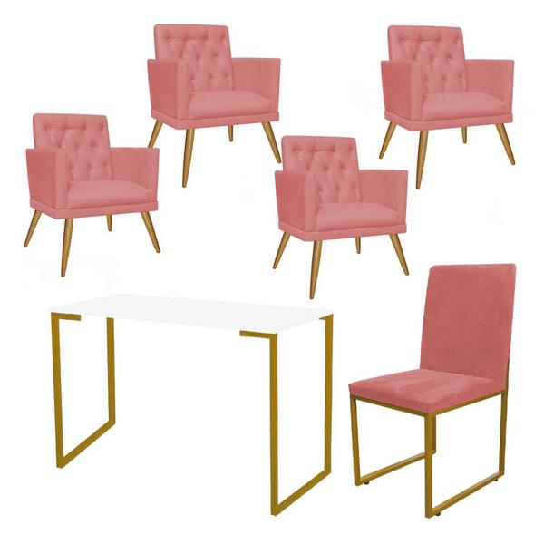 Imagem de Kit Escritório Stan 4 Poltronas Maria e Cadeira e Mesa Industrial Branco Dourado Suede Rose Gold - Ahz Móveis