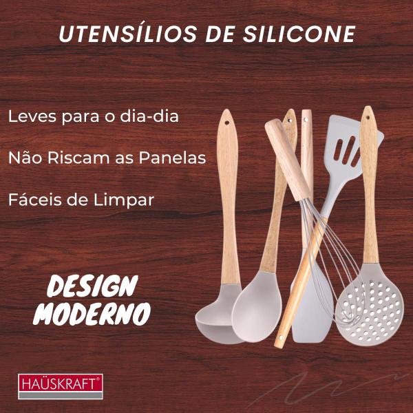 Imagem de Kit Escumadeira Concha Colher Talheres Silicone Madeira 3Pçs