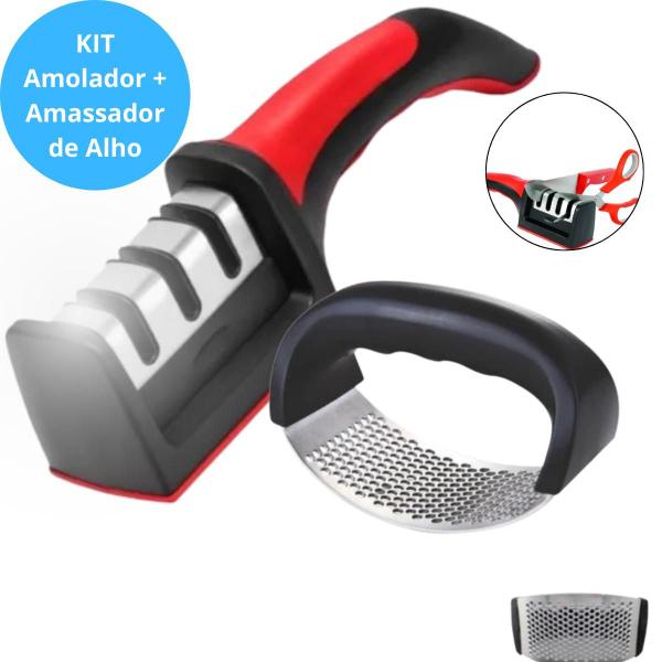 Imagem de KIT Esmagador Alho Amassador Triturador Inox + Amolador de Facas