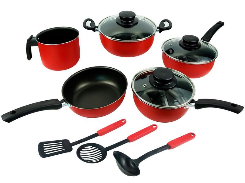 Imagem de Kit Espátulas Utensílios de Cozinha Silicone 5 Peças + Conjunto de Panelas Antiaderente Elegan C/ Tampa de Vidro