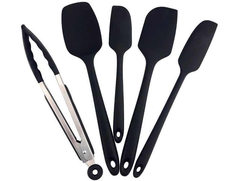 Imagem de Kit Espátulas Utensílios de Cozinha Silicone 5 Peças + Conjunto de Panelas Antiaderente Elegan C/ Tampa de Vidro