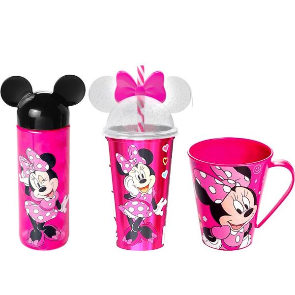 Imagem de Kit Especial Garrafinha Lúdica Caneca e Copo com Orelhas Rosa Minnie 500ml Original