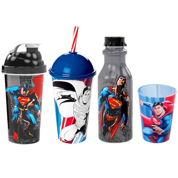 Imagem de Kit Especial Super Homem com Garrafa, Shakeira e 2 Copos Infantil e Adulto