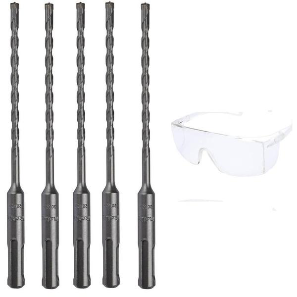 Imagem de Kit Especialcom 5 Unidades Broca Sds Plus 4 Pontas 5mm x 100mm x 160mm Makita B-68133 para Concreto e Óculos de Proteção