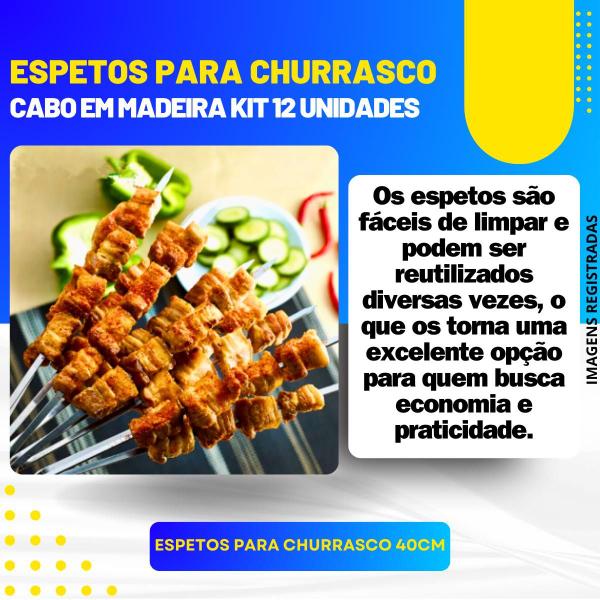 Imagem de Kit Espeto Churrasco Aço Metal Inox Cabo Madeira Reutilizável 12 Peças 40cm